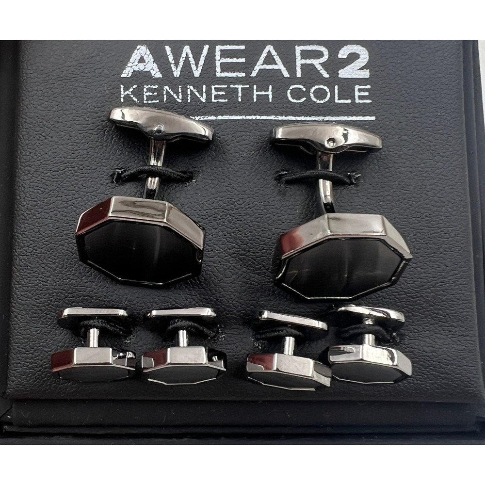 AWEAR2 Kenneth Cole Cufflink & Stud Set Men's Gunmetal Octagon NIB